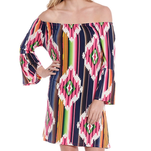 R Rouge off shoulder aztec navy/pink western dress - Picture 3 of 5